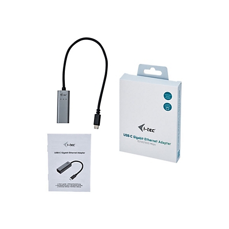 Adaptateur Ethernet Gigabit USB-C gris avec cÃ¢ble, manuel d'utilisation et emballage, le tout sur fond blanc.