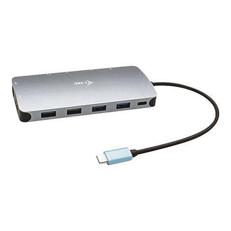 Hub USB-C argentÃ© avec ports. Une extrÃ©mitÃ© de connecteur bleu clair est attachÃ©e Ã  un cÃ¢ble noir.