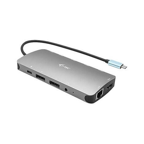 Hub USB-C gris avec plusieurs ports et cÃ¢ble noir avec connecteur bleu.