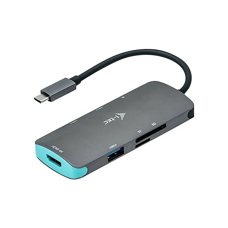 Hub USB-C gris avec diffÃ©rents ports, dont HDMI 4K et lecteur de carte SD.