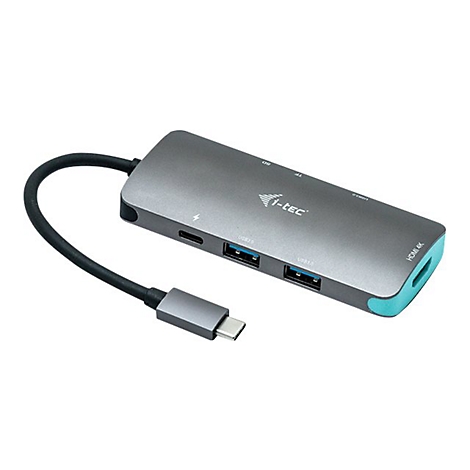 Hub USB-C gris avec cÃ¢ble noir, accent turquoise et logo.