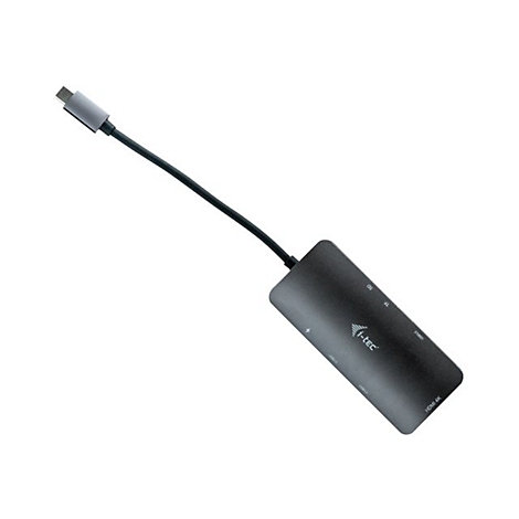 Adaptateur USB-C noir-gris avec cÃ¢ble, logo i-tec. L'adaptateur est inclinÃ© vers la camÃ©ra.