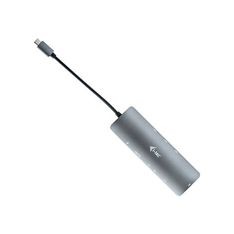 Hub USB-C gris avec cÃ¢ble. Le produit est posÃ© en diagonale sur un fond blanc. Des symboles et la marque i-tec sont visibles sur la surface.
