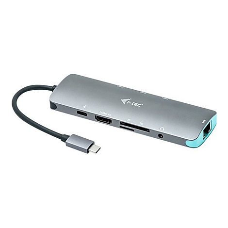 Station d'accueil USB-C grise avec ports, cÃ¢ble et prise. Inscription : I-tec.