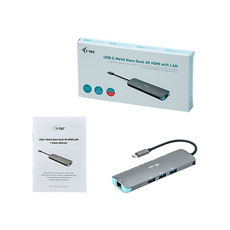Station d'accueil USB-C Metal Nano grise avec LAN, HDMI et Power Delivery, avec emballage et manuel d'instructions. Il est illustrÃ© sur fond blanc.