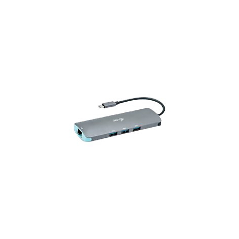 Hub USB-C gris avec plusieurs ports, cÃ¢ble et prise.