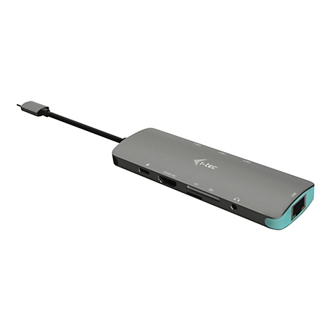 Adaptateur USB-C gris avec ports HDMI, SD, casque, Ethernet et cÃ¢ble USB-C.
