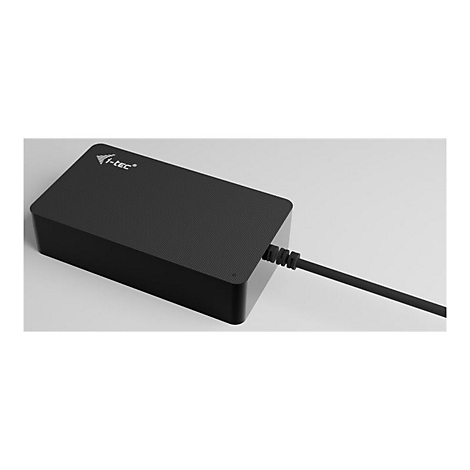 Appareil rectangulaire noir avec logo "i-tec", cordon d'alimentation. Sur fond clair.