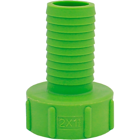 Green plastic connector with a ribbed surface and the inscription 2x1½.