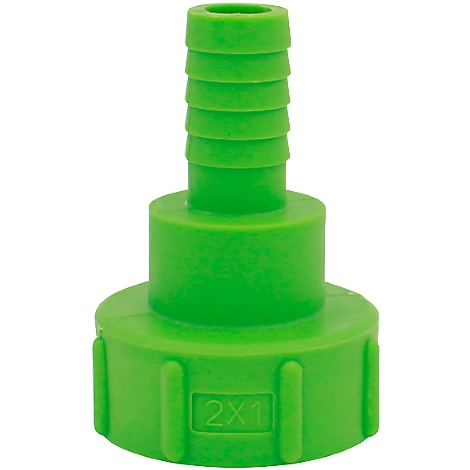 Green plastic connector with a ribbed surface and the inscription "2X1".