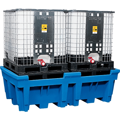 Two large IBC containers surrounded by wire mesh, on a blue pallet. The red valves are visible.