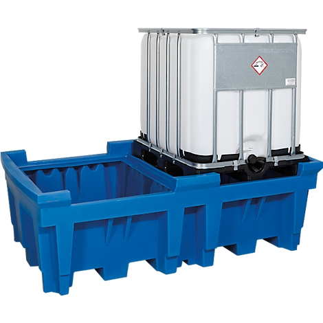 Blue spill containment basin with a large white container secured by a metal frame.
