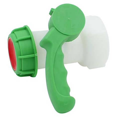Green faucet with handle. The white body is complemented by a green twist lock and a green handle.