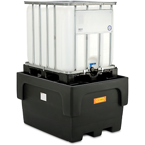 Large white tank with metal frame sits on a black spill containment pallet.