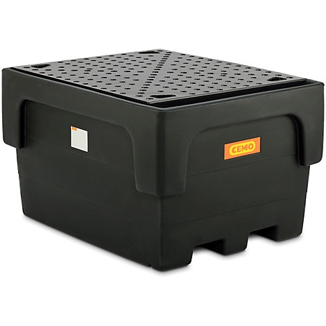 Black spill pallet with yellow logo, perforated cover.