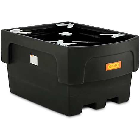 Black plastic container with handles and the CEBO logo. Angular shape, open top, with white label and corner reinforcements.