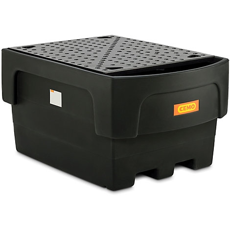 Black spill containment pallet with perforated lid and logo. Stands against a bright background.