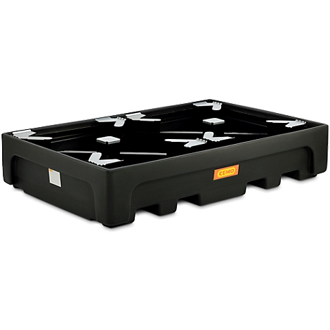 Black rectangular oil pan. Silver holders inside. Orange sticker with lettering. The pan has cutouts.