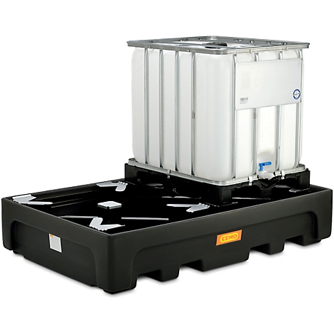 Black spill containment pallet with white IBC tank, blue tap, and yellow labels.
