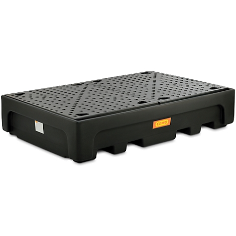 Black plastic drip tray with a textured surface. An orange label is on the side.