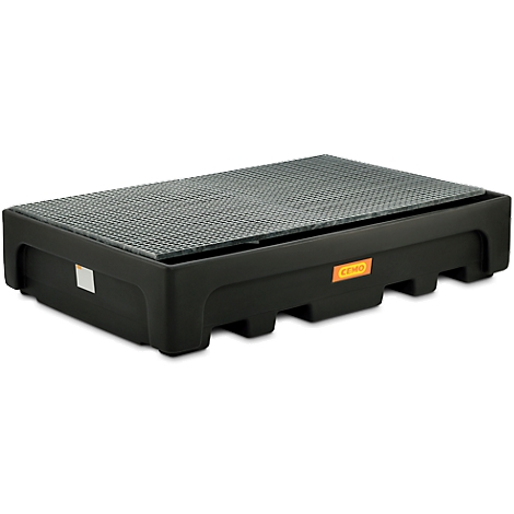 A black step with a textured top. An orange logo on the side.