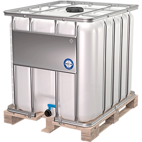 Een witte Intermediate Bulk Container (IBC) met stalen frame en plastic container, op een houten pallet.