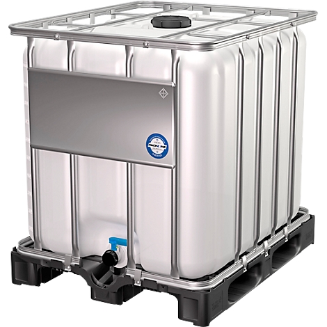 A large white tank in a metal frame on a black pallet. There is a tap at the bottom.