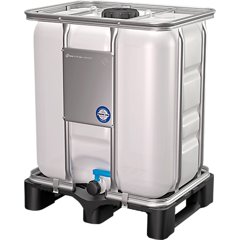 A white IBC container in a metal frame on a black pallet. A blue tap is on the front.