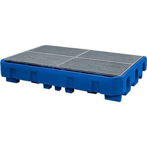 Blue spill containment system with metal grating for safe liquid storage.