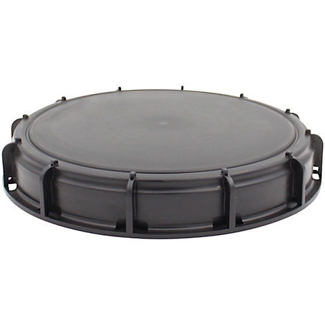 Black plastic lid with surrounding brackets, round, flat, detail view.