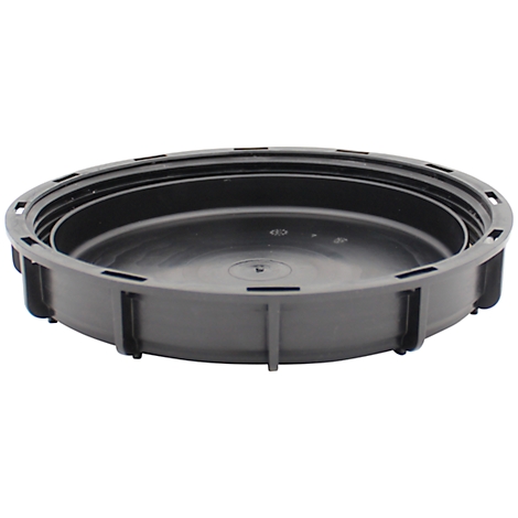 Black, round plastic lid with grooves and reinforcements.