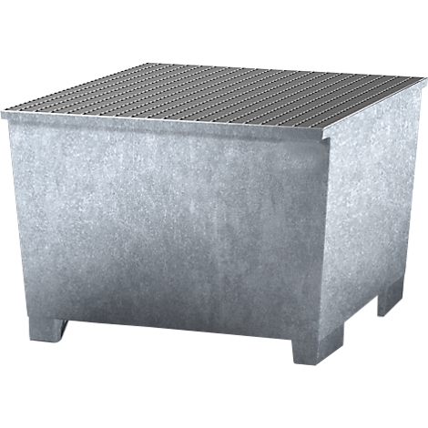 Metalen container met een roosterdeksel. De container staat op vier korte poten.