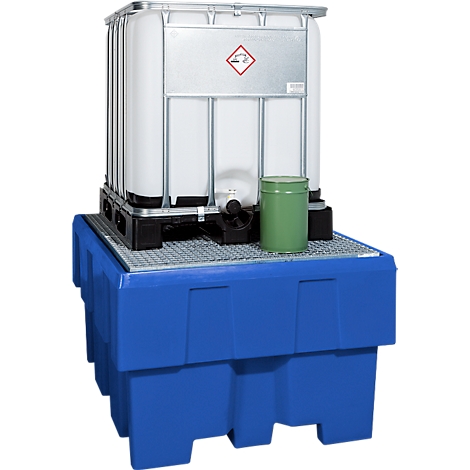 A blue, rectangular container stands with a white container and a green drum in a warehouse.