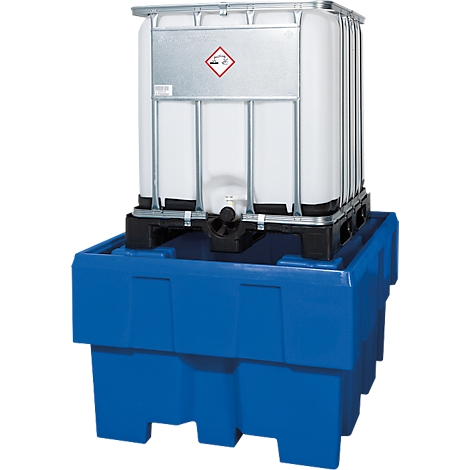 A white IBC container with metal frame sits on a blue spill containment. The container has a hazardous substance symbol.