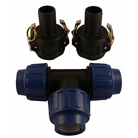 Three plastic connectors, two black and one blue, against a white background.