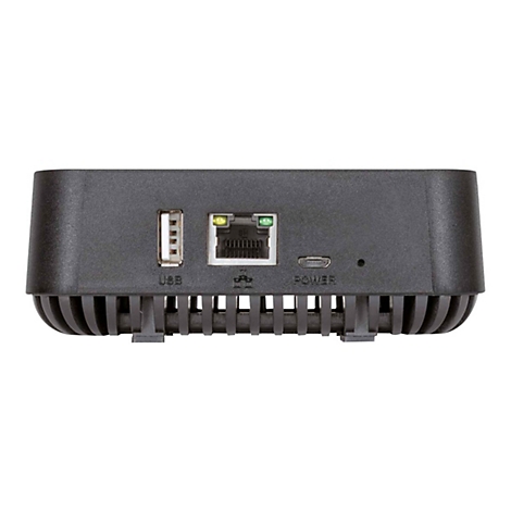 Rückseite eines schwarzen Tech-Geräts mit USB-Port, LAN-Anschluss mit Leuchten, Micro-USB-Stromanschluss und Reset-Loch.