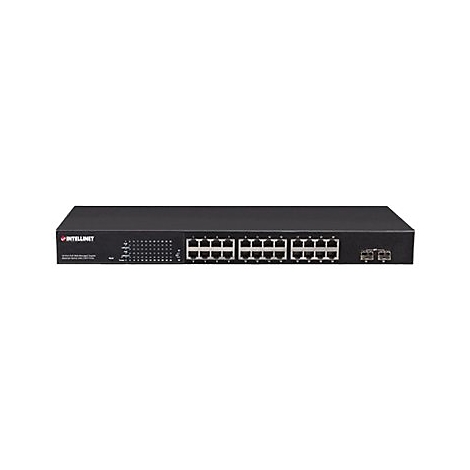 Schwarzer Intellinet Netzwerk-Switch mit 24 Ethernet-Ports und zwei SFP-Modulplätzen auf weißem Hintergrund.