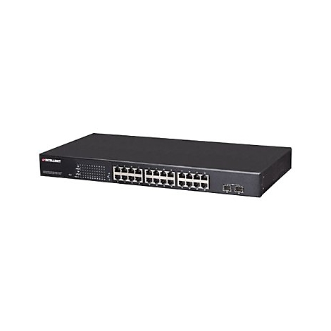 Schwarzer Intellinet Netzwerk-Switch mit 24 Ports vor weißem Hintergrund.