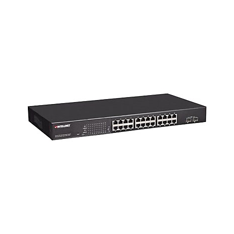 Schwarzer Intellinet Netzwerk-Switch mit 24 RJ45-Anschlüssen vor weißem Hintergrund.