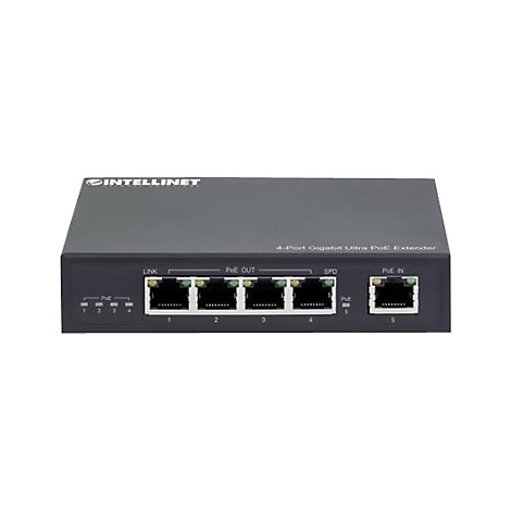 Schwarzer 4-Port Gigabit Ultra PoE Extender von Intellinet vor weißem Hintergrund.
