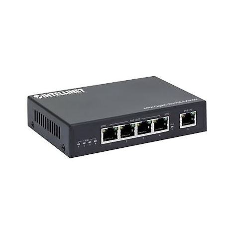 Schwarzer Intellinet 4-Port Gigabit Ultra PoE Extender mit Netzwerkanschlüssen vor weißem Hintergrund.