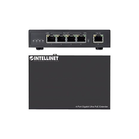 Schwarzer Intellinet 4-Port Gigabit Ultra PoE Extender, von oben und vorne gesehen.