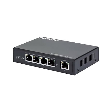 Schwarzer Intellinet 4-Port Gigabit Ultra PoE Extender vor weißem Hintergrund.