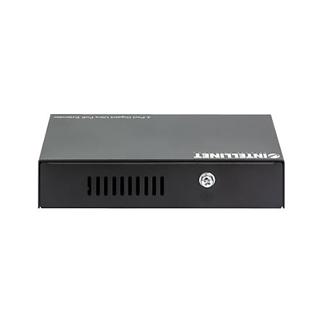 Schwarzer 4-Port Gigabit Ultra PoE Extender von Intellinet vor weißem Hintergrund.