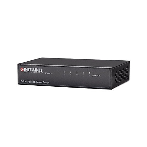 Schwarzer Intellinet 5-Port Gigabit Ethernet Switch auf weißem Hintergrund.