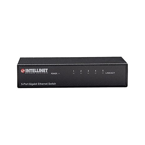 Schwarzer 5-Port Gigabit Ethernet Switch von Intellinet vor weißem Hintergrund.