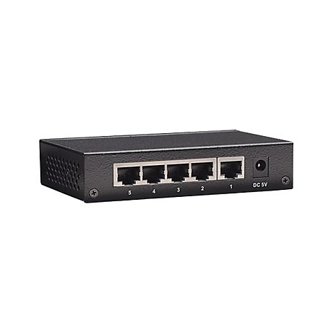 Schwarzer 5-Port Ethernet-Switch mit frontalen LAN-Anschlüssen und einem Stromanschluss.