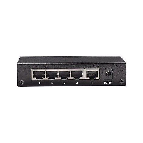 Schwarzer Netzwerk-Switch mit fünf LAN-Ports und einem Stromanschluss.