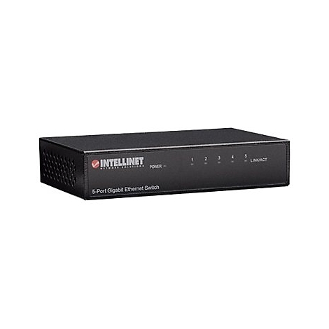 Schwarzer 5-Port Gigabit Ethernet Switch von Intellinet mit LED-Anzeigen vor weißem Hintergrund.