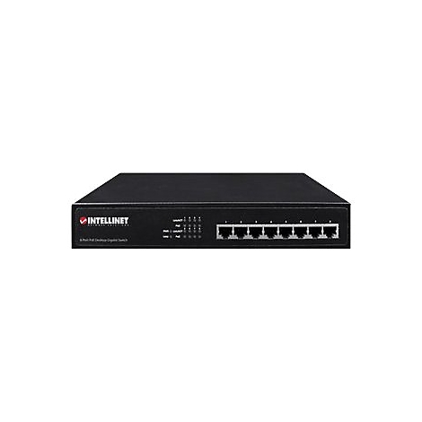 Schwarzer Intellinet 8-Port PoE Desktop Gigabit Switch in der Frontansicht.